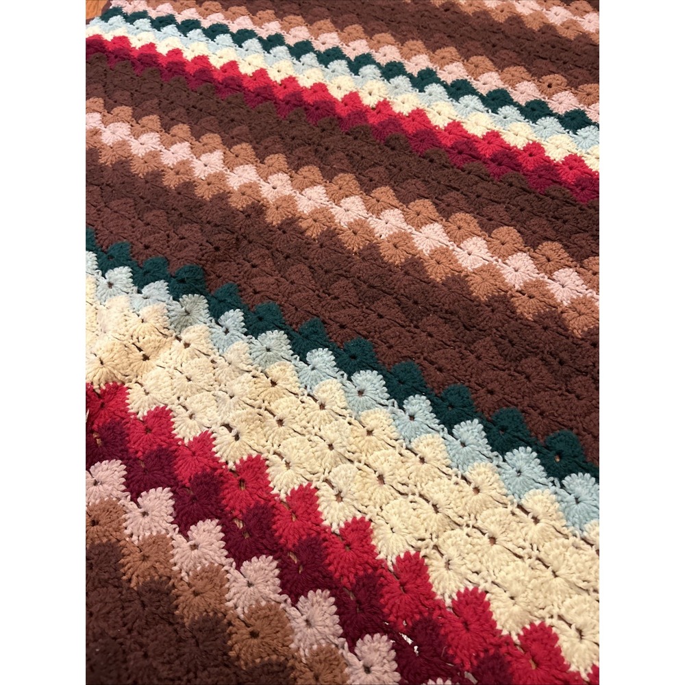Vtg Multicolor Crocheted Knit Afghan Blanket Couch Throw Rustic Cabincore